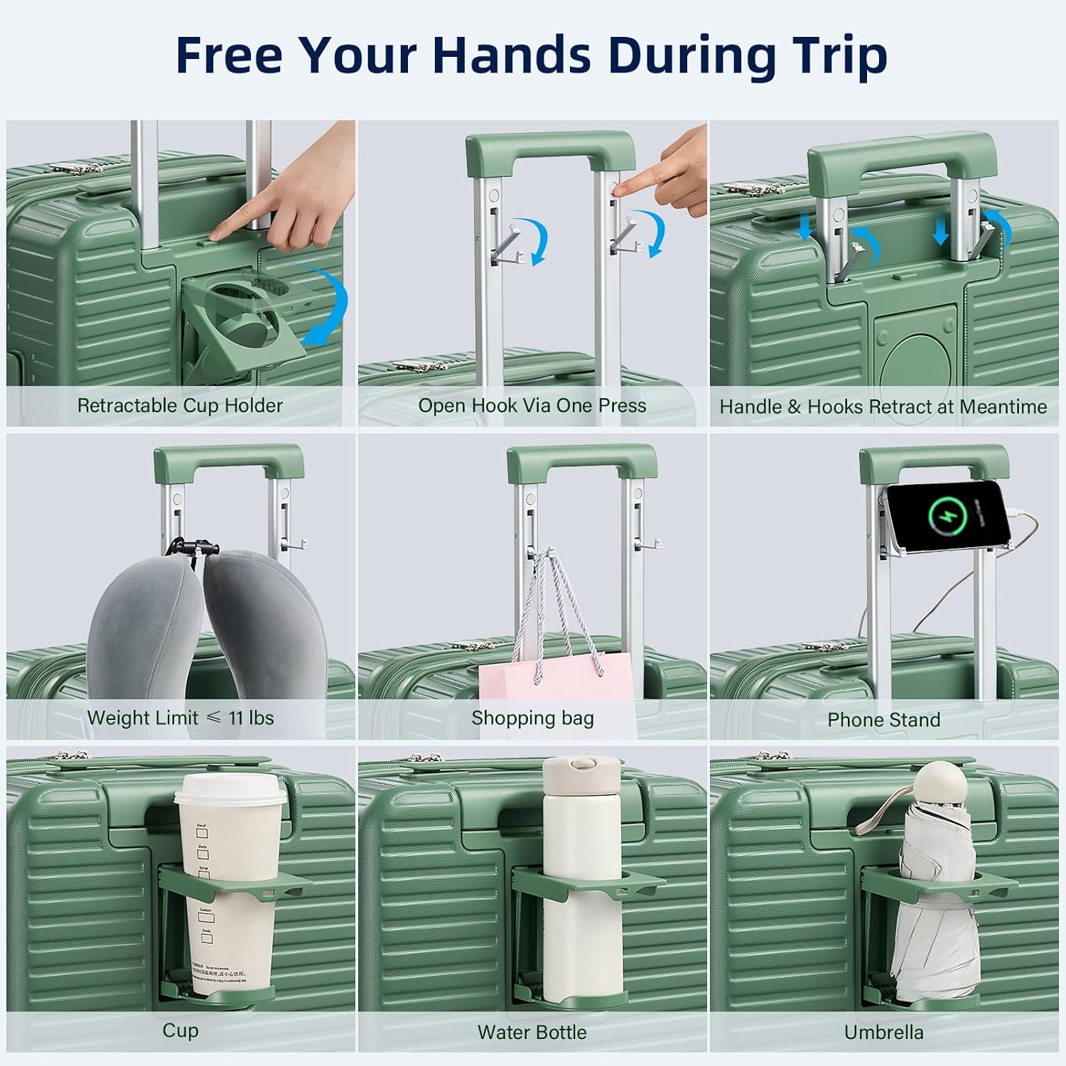 HanTrip Hard Shell Suitcases Travel Expandable Luggage, 24 Inch Check in Luggage with Spinner Wheels Cup Holder Charger Built in, Checked Medium Suitcase Lightweight Suitcases, Forest Green