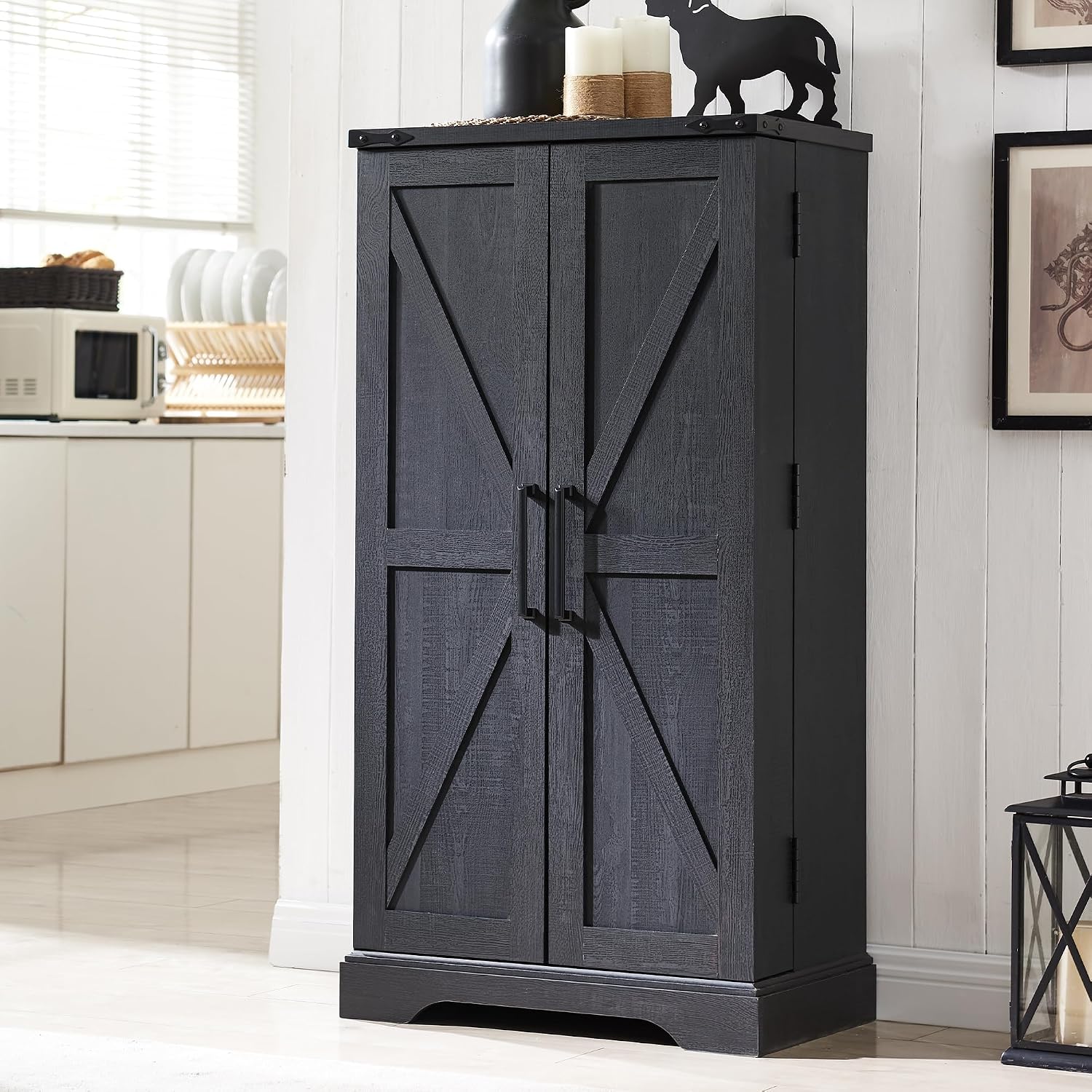ACCOHOHO 47' Kitchen Pantry, Farmhouse Storage Cabinet with Barn Doors, Organizer and Adjustable Shelves, Rustic Wood Cupboard for Kitchen, Dining Room, Bathroom and Hallway, Black