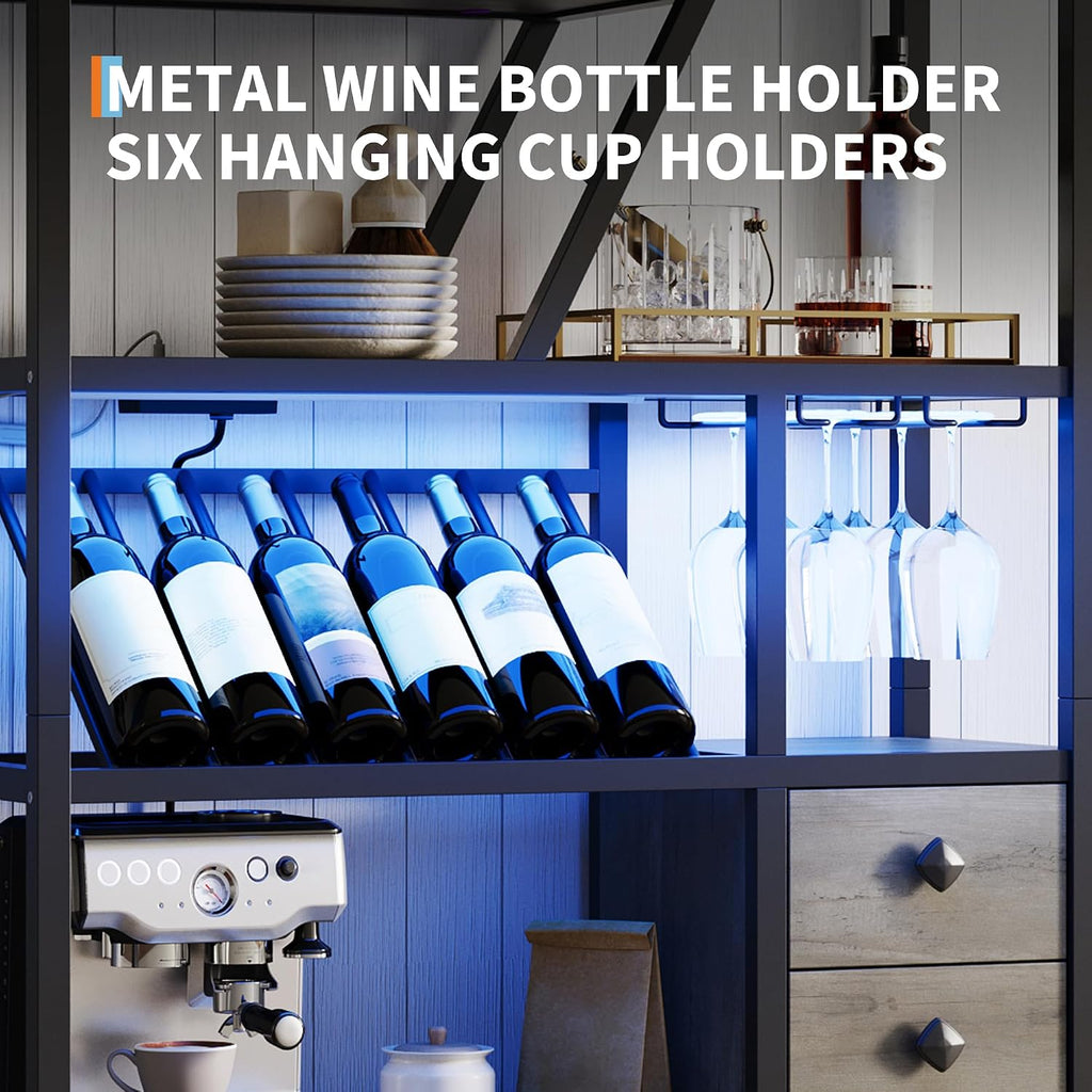 Wine Bar Cabinet with LED Lights, Tall Coffee Bar Station with Power Outlets and Wine Rack - Kitchen Microwave Stand Bakers Rack Cabinet for Living Room, Dining Room & Home Bar