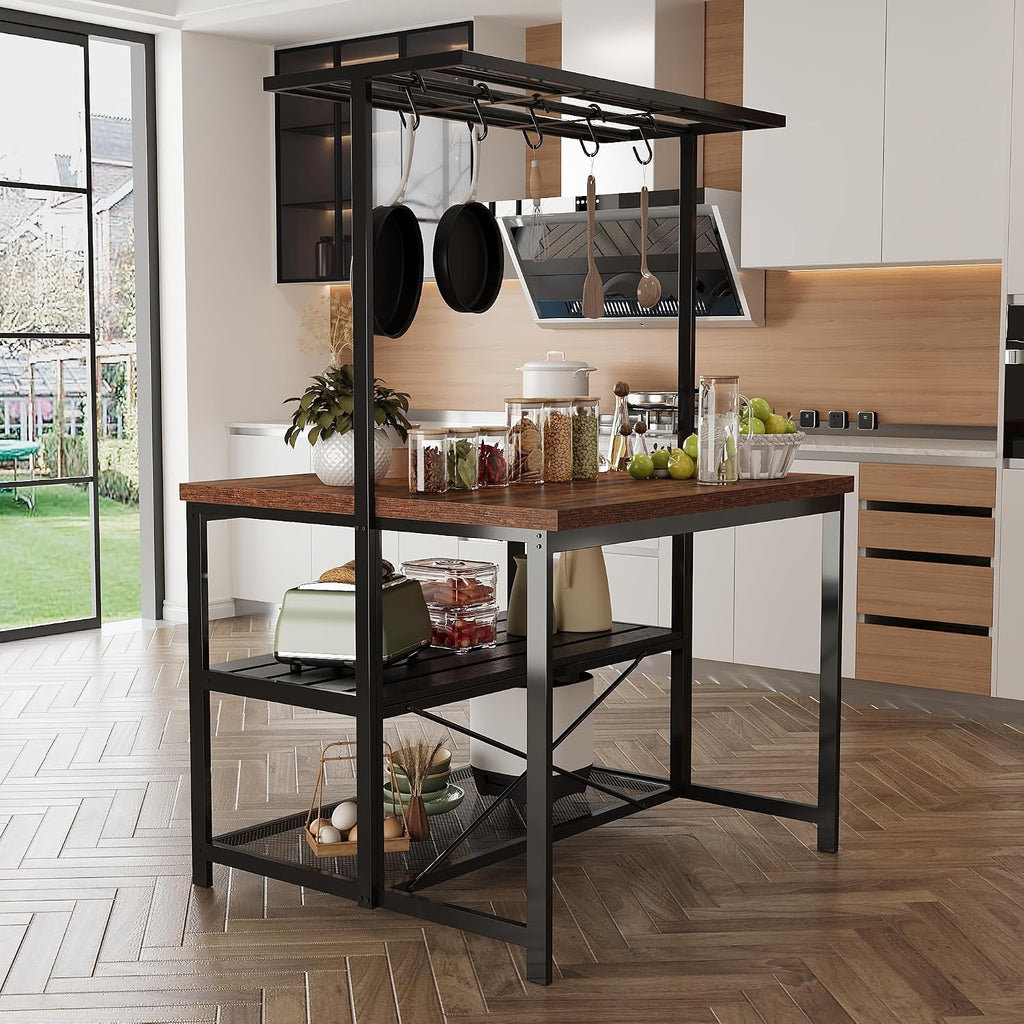 Kitchen Island with 3 Tier Storage Shelf, 42'' Wooden Island Table with Bakers Rack, Microwave Oven, 5 Hooks for Kitchen, Living Room, Dining Room, Modern Bar Table and Chairs Set for 2