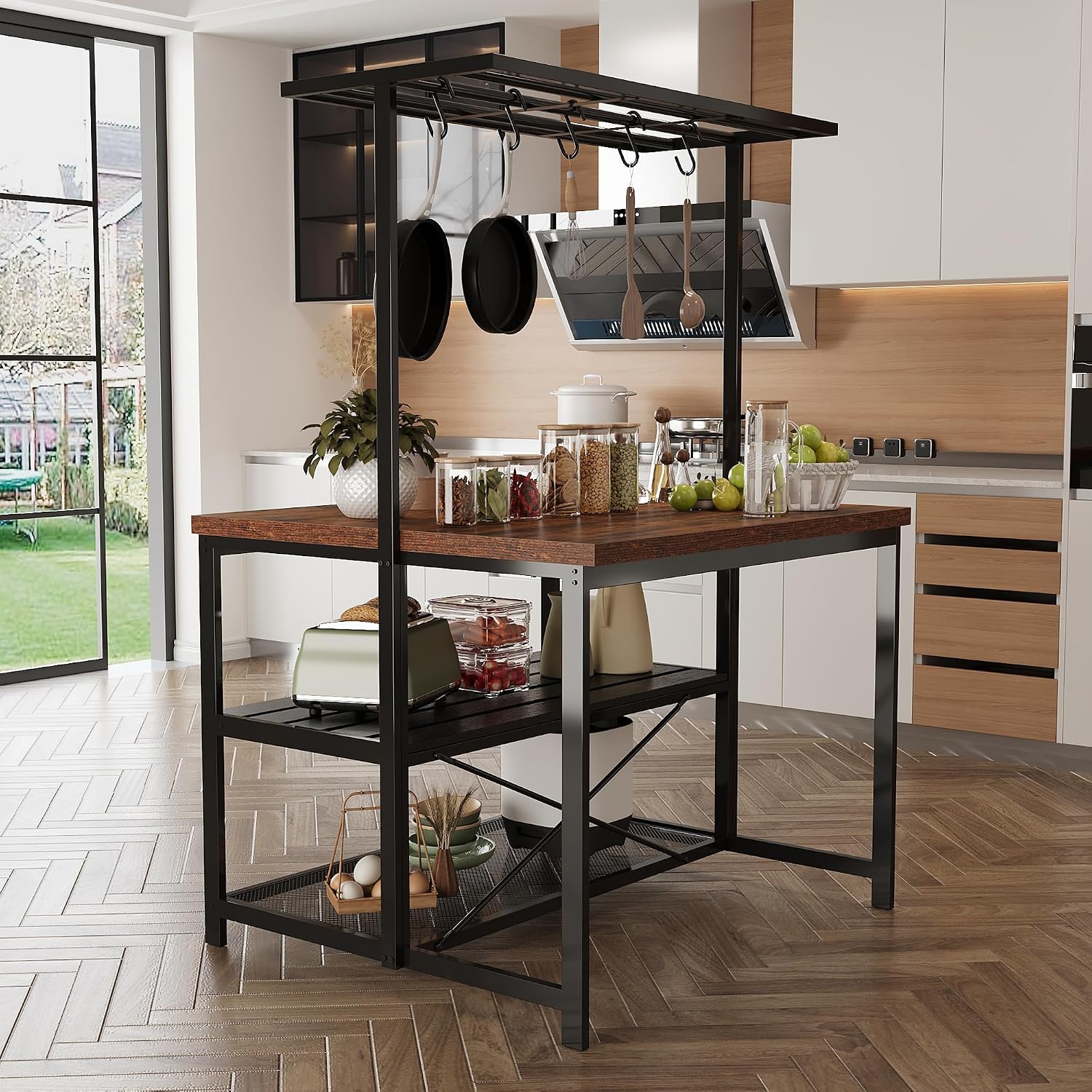 Kitchen Island with 3 Tier Storage Shelf, 42'' Wooden Island Table with Bakers Rack, Microwave Oven, 5 Hooks for Kitchen, Living Room, Dining Room, Modern Bar Table and Chairs Set for 2