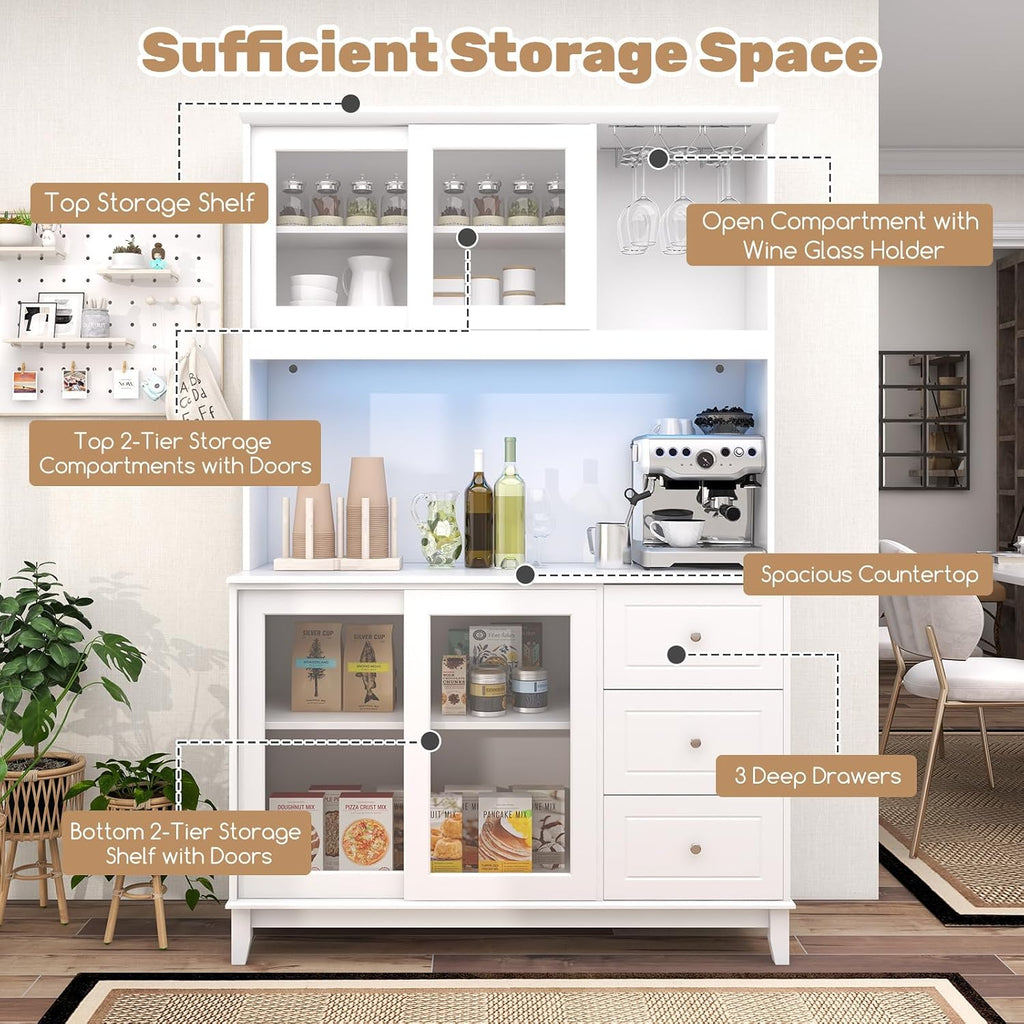 Giantex 73' Kitchen Pantry Storage Cabinet, Buffet Hutch Cabinet with LED Lights & Power Outlet, Kitchen Sideboard w/Wine Glass Racks, Countertop, Adjustable Shelves, Drawers for Dining Room (White)
