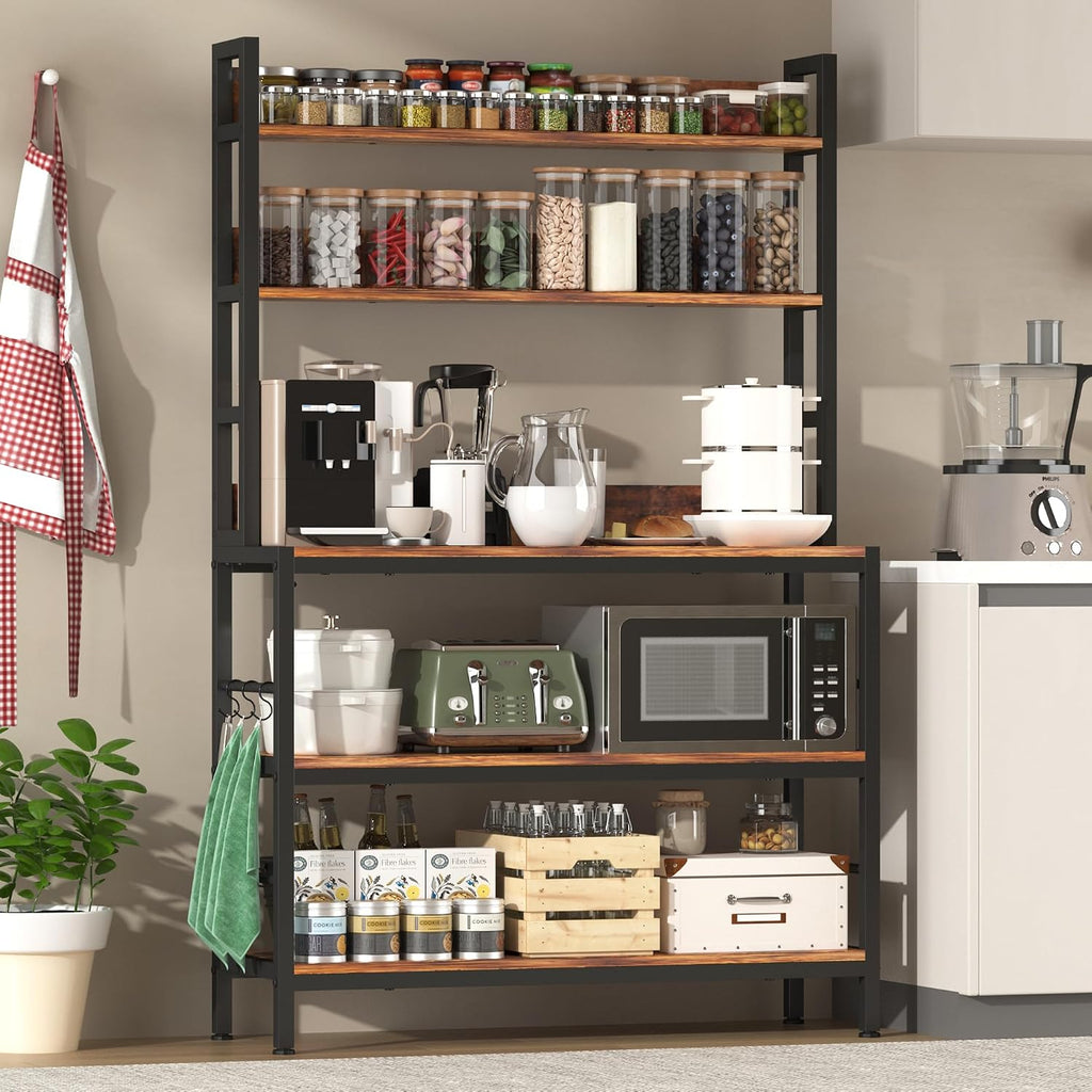 Large Kitchen Baker Rack,5-Tier Free Standing Storage Shelf Racks with Hooks,Microwave Stand with Storage, Metal Kitchen Shelf Rack for Spices,Coffee Bar Station (Brown)