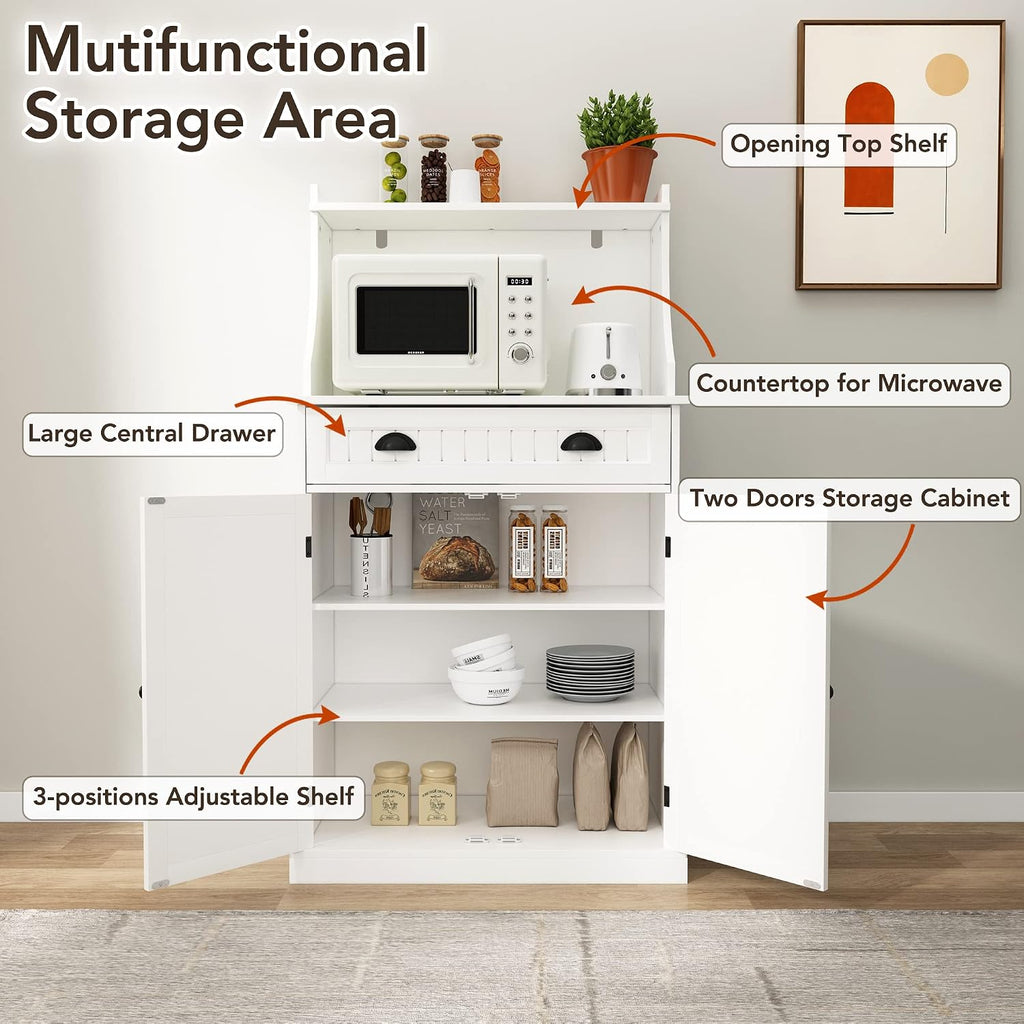 HOLTICO 54' Freestanding Kitchen Pantry Storage Cabinet with Doors and Adjustable Shelves, Microwave Oven Stand with Drawer for Kitchen, Bathroom or Hallway, White