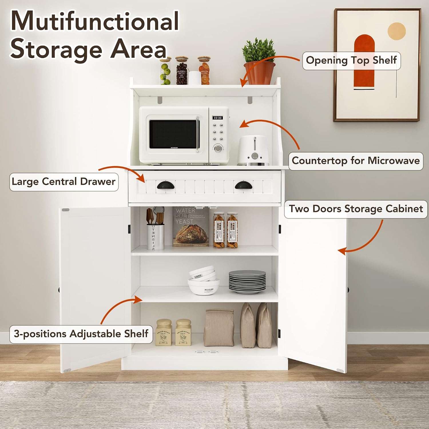 HOLTICO 54' Freestanding Kitchen Pantry Storage Cabinet with Doors and Adjustable Shelves, Microwave Oven Stand with Drawer for Kitchen, Bathroom or Hallway, White