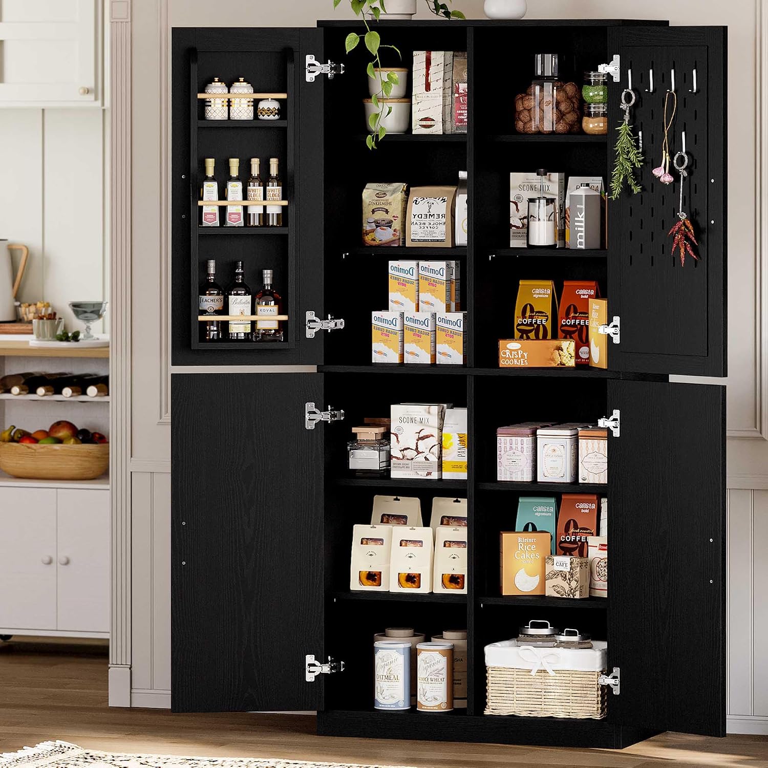 IRONCK 71' Kitchen Pantry Storage Cabinet with Storage Rack, Pegboard Doors, 4 Adjustable Shelves, Food Pantry Cabinet, Freestanding Tall Cupboard for Dining Room, Kitchen, Black
