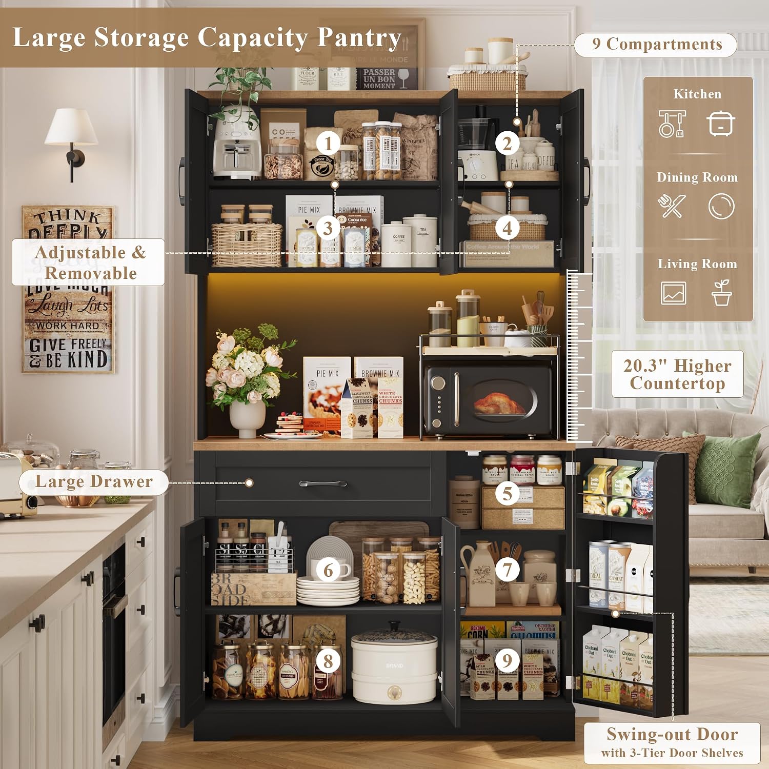 HIFIT 71' LED Kitchen Pantry Cabinet with Power Outlet, Tall Hutch Storage Cabinet with Microwave Stand & 6 Door Shelves, Modern Food Pantry Cabinets with Drawer for Kitchen Dining Living Room, Black