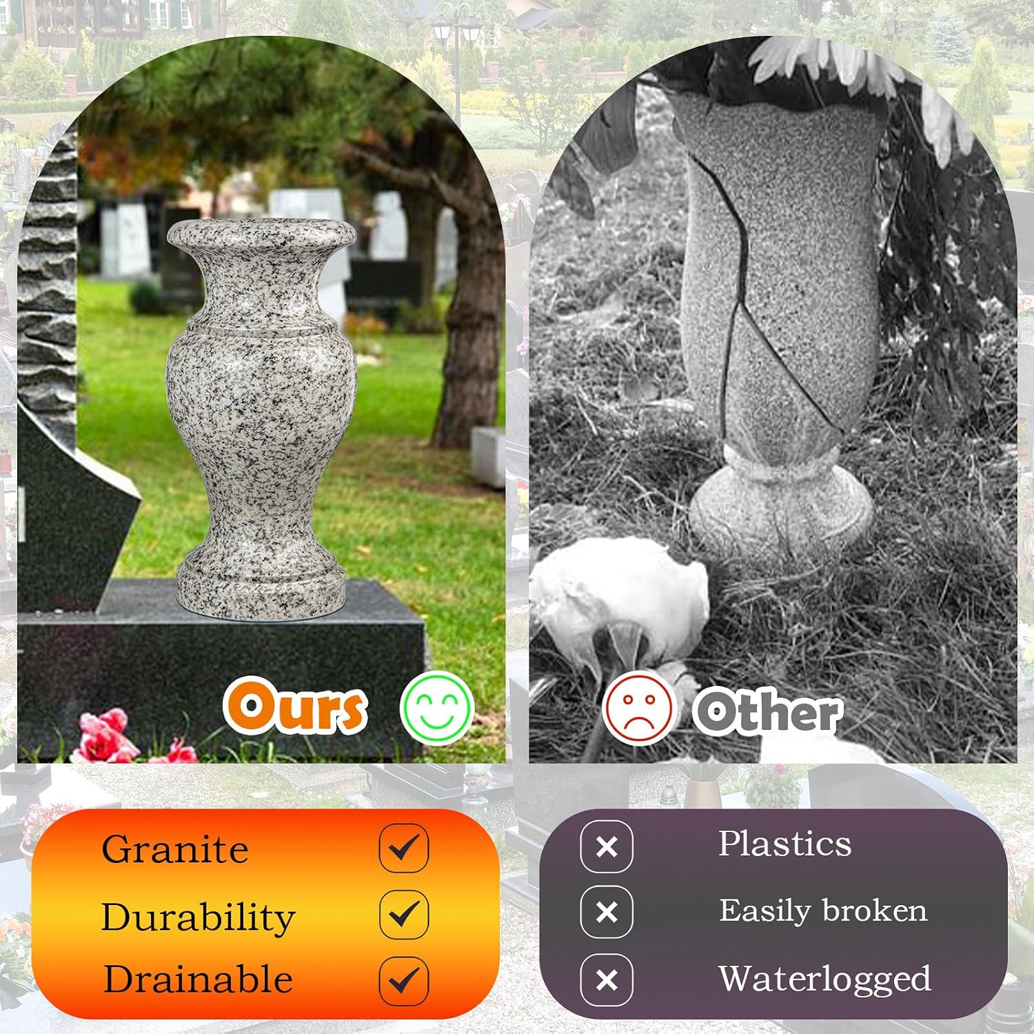 Cemetery Vase, Turned Granite Vase Polished, Memorial Stone Vases with Draining Holes for Home Tabletop, Cemetery Flowers, Grave Headstone Decorations (2Pcs, Grey)