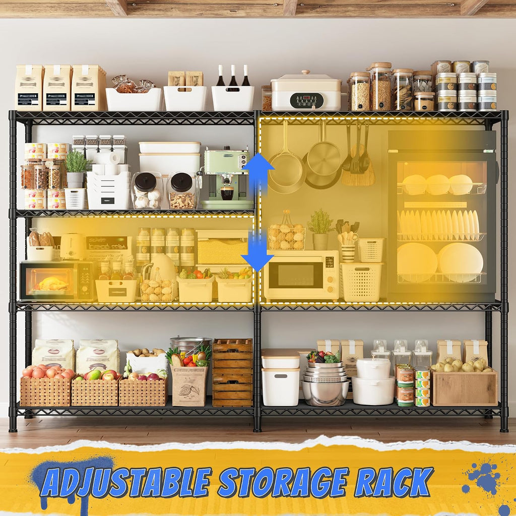 REIBII 72.8' W Storage Shelves Load 1500LBS, 4 Tier Metal Shelving Unit Wire Shelving for Storage Rack Heavy Duty Metal Shelves for Garage Pantry Kitchen, 17.7' D x 72.8' W x 59' H