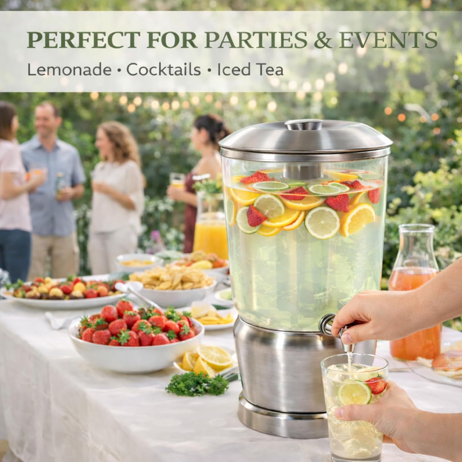 Drink Dispenser with Ice Chambers, Lemonade Tea Water Dispenser with Spigot, Stainless Steel Beverage Jar Jug, Perfect for Home Parties, Weddings, Gifts & Events (Silver, 5, Gallons)