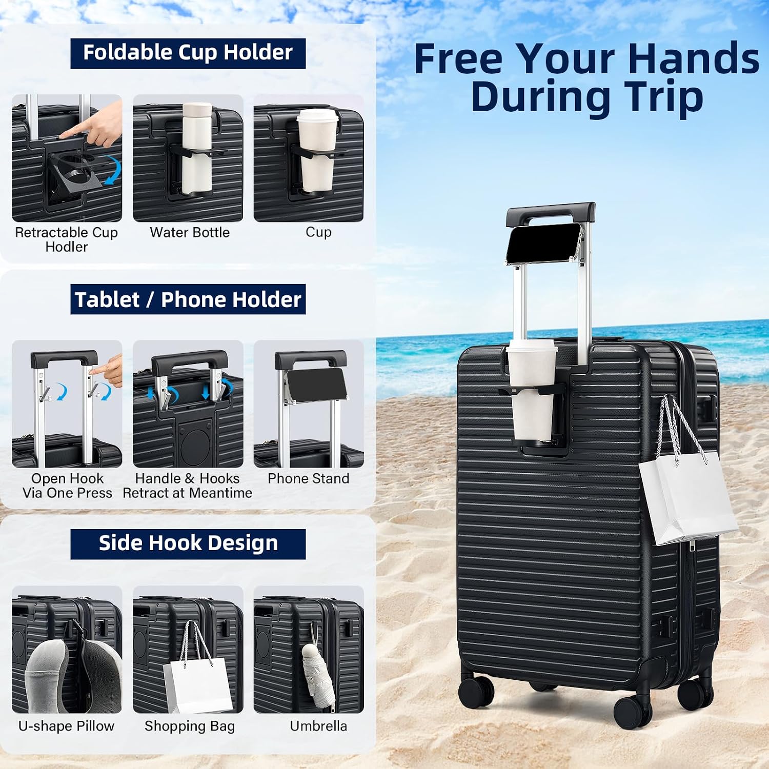 HanTrip Hard Shell Suitcases 24 Inch Check in Luggage with Spinner Wheels Cup Holder, Lightweight Top Opening Expandable Luggage Hard Case Rolling Medium Checked Suitcase with Lock, Black