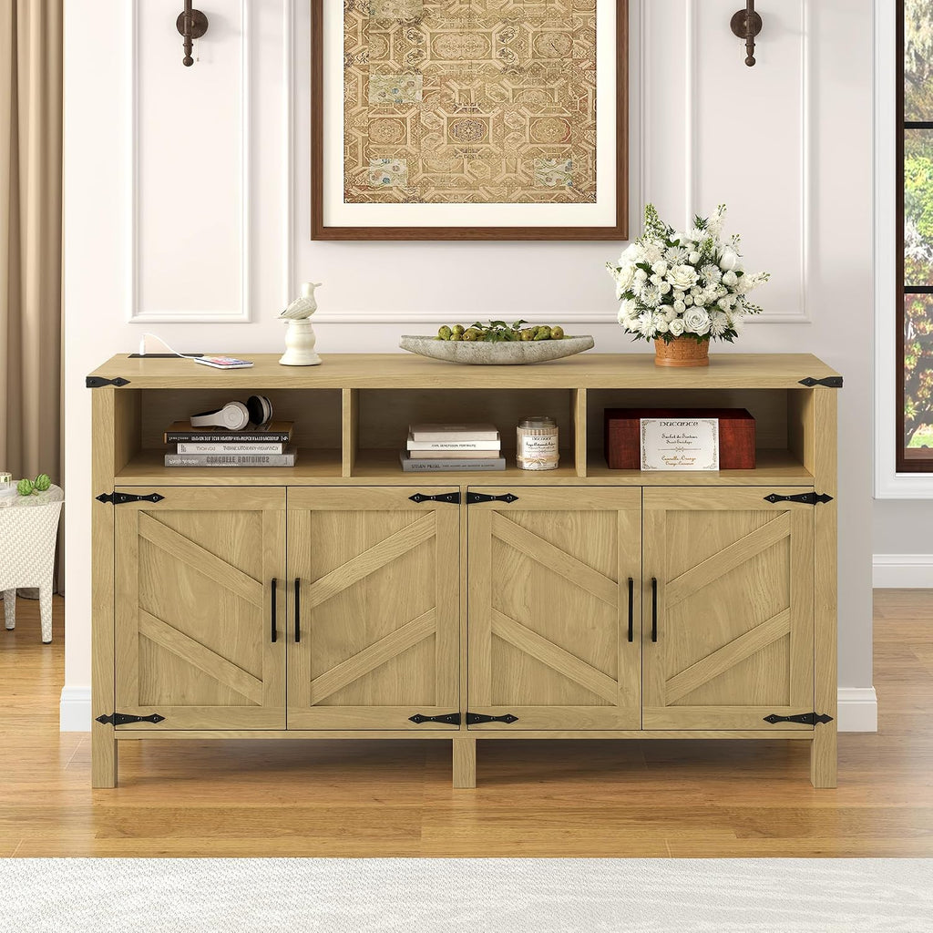 59' Modern Freestanding Storage Cabinet, Kitchen Storage Bakers Rack with Power Outlets, Utility Food Cupboard with Adjustable Shelves for Dining Room Living Room, Natural Wood