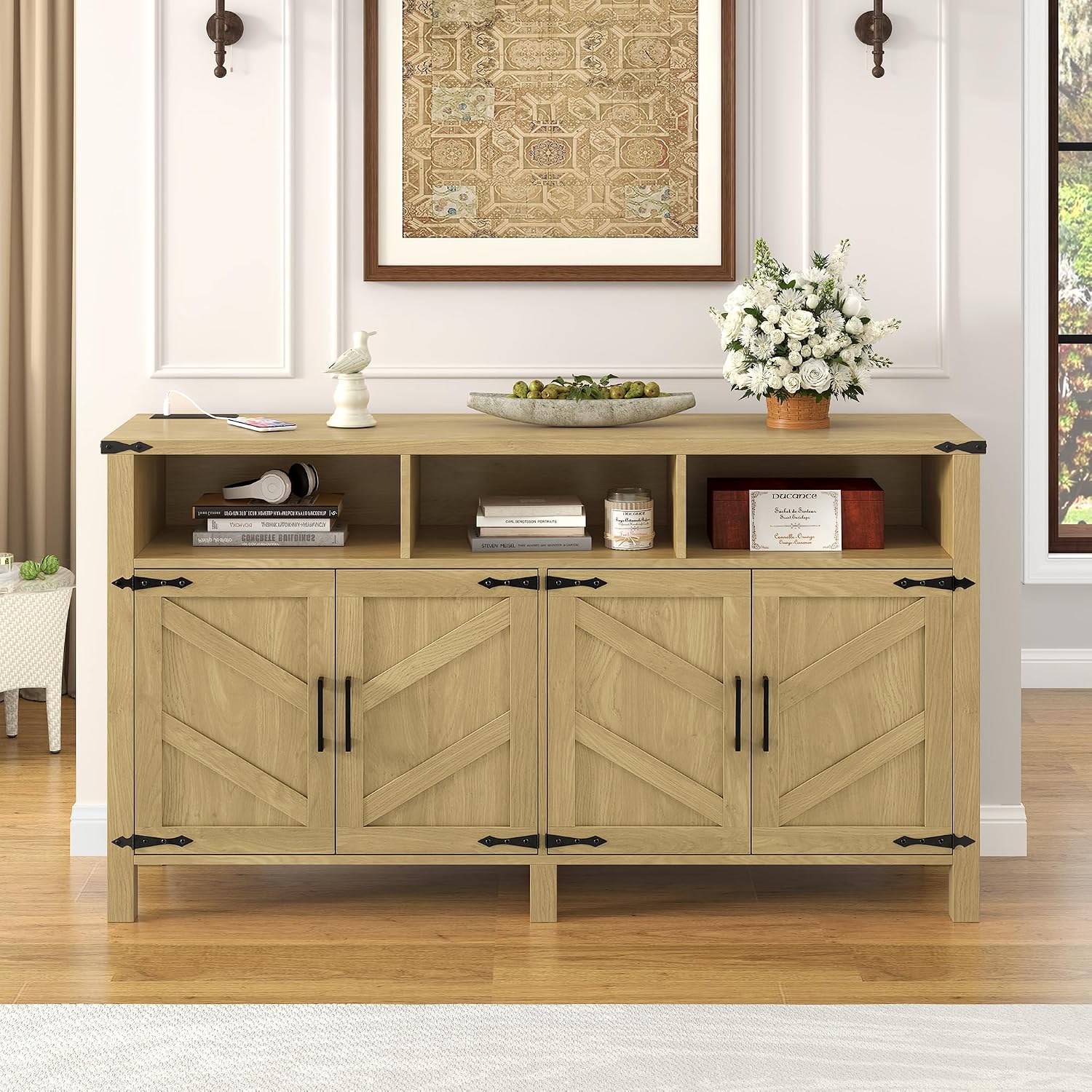 59' Modern Freestanding Storage Cabinet, Kitchen Storage Bakers Rack with Power Outlets, Utility Food Cupboard with Adjustable Shelves for Dining Room Living Room, Natural Wood