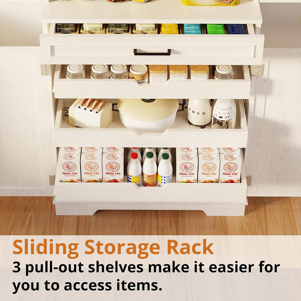 IRONCK Farmhouse Pantry Cabinet, 72' Tall Kitchen Storage Cabinet, Freestanding Cupboard with Sliding Rack & 6 Hanging Shelves,Kitchen Pantry Furniture for Dining Room, Easy Assembly, White