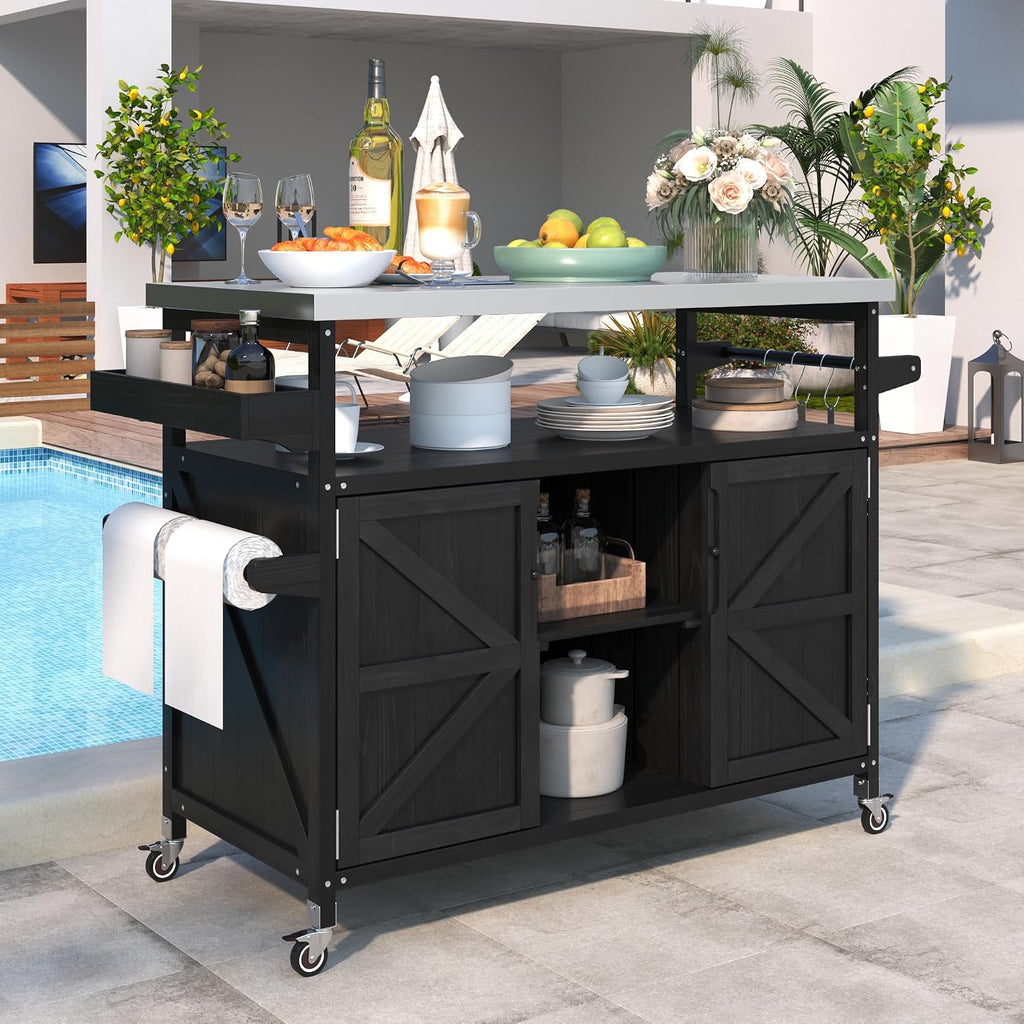 Farmhouse Outdoor Kitchen Island, Rolling Bar Cart & Storage Cabinet with Stainless Steel Top, Spice Rack, Towel Rack for Kitchen & Barbecue, Solid Wood Outdoor Grill Table