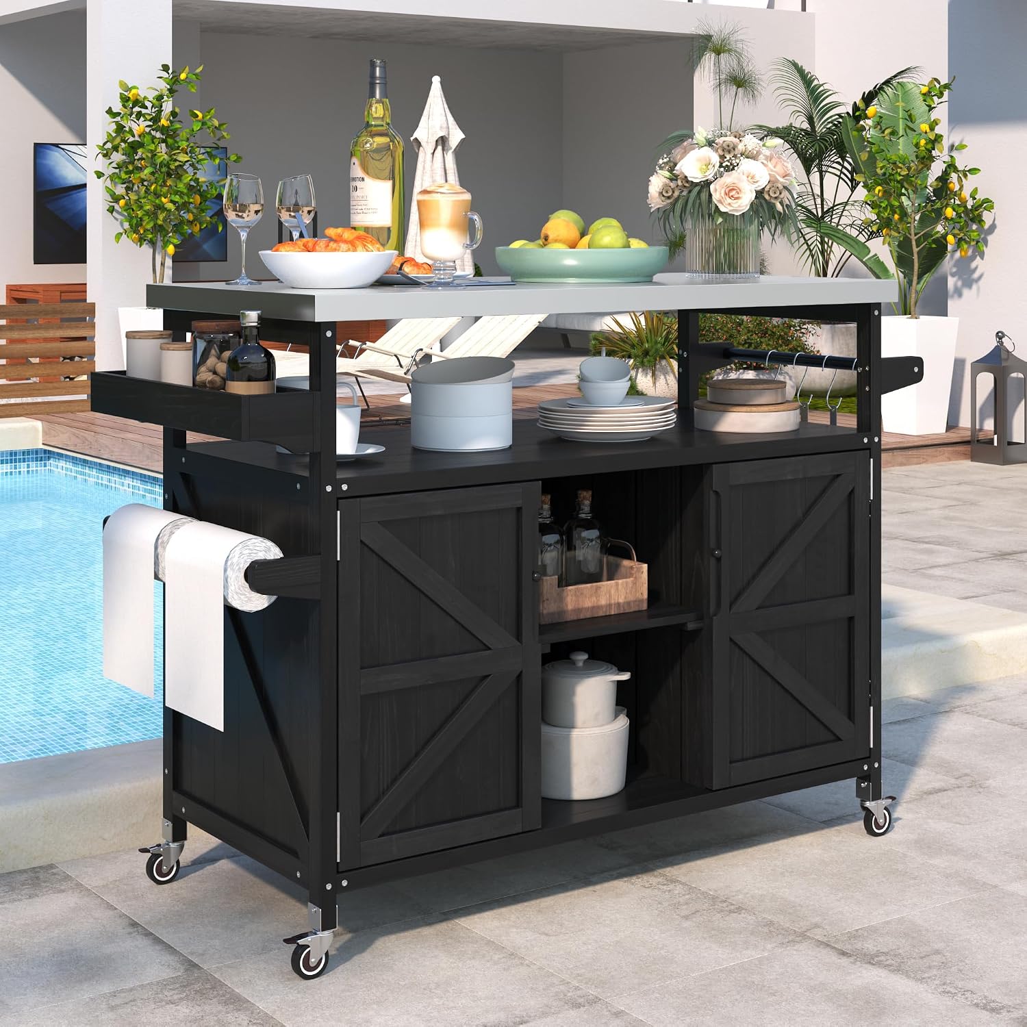 Farmhouse Outdoor Kitchen Island, Rolling Bar Cart & Storage Cabinet with Stainless Steel Top, Spice Rack, Towel Rack for Kitchen & Barbecue, Solid Wood Outdoor Grill Table