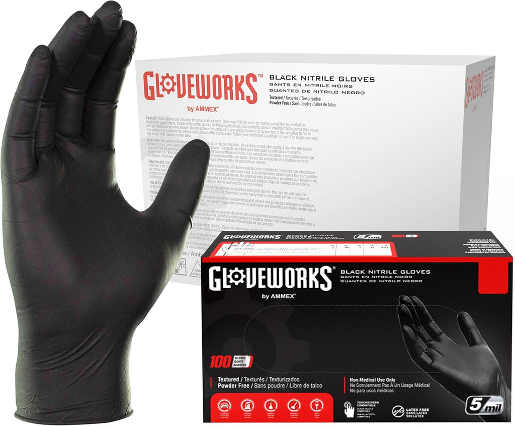 GLOVEWORKS Black Nitrile Gloves 5 Mil Disposable, Latex Free, Textured Grip for Food Service, Cooking, Professional Cleaning