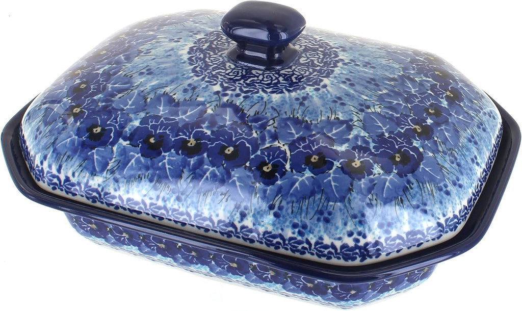 Blue Rose Polish Pottery - Blue Joanna Medium Covered Baker - 3 Cup Capcaity - Unique, Dishwasher Safe, & Durable Bakeware