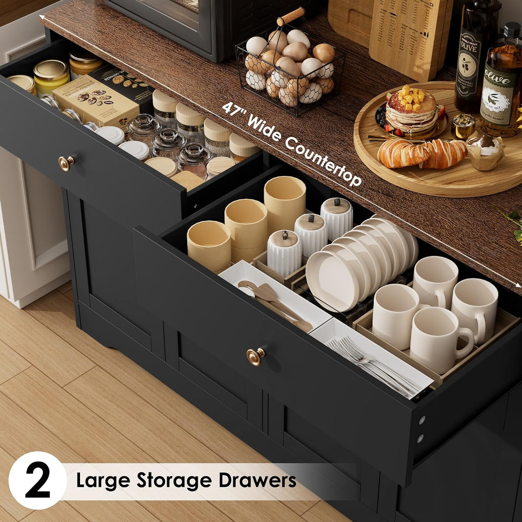 HIFIT 71' LED Kitchen Pantry Cabinet with Power Outlet, Large Kitchen Hutch Cabinet with 2 Storage Drawers & Arched Door, Countertop & Hooks, Tall China Bar for Dining Living Room (Black)