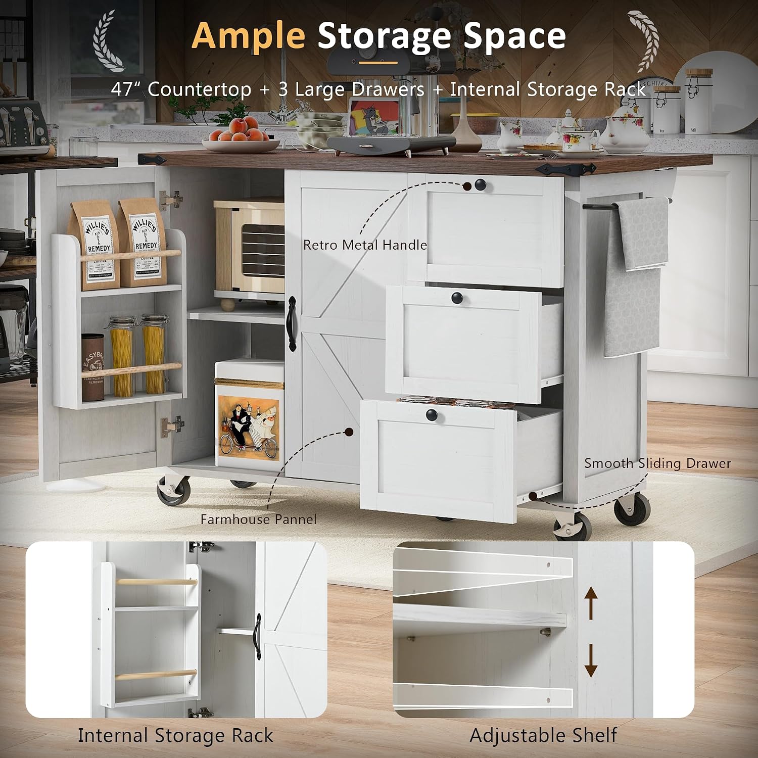 Farmhouse Kitchen Island with Power Outlet Rolling Kitchen Island Cart on Wheels with Storage Rack 3 Drawers Drop Leaf White and Light Brown for Kitchen Dining Room Built-in Charging Station