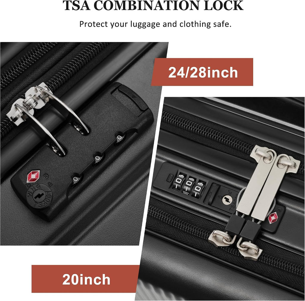 Merax Luggage Sets 5 Piece with Half-opening, Hardside 20' Carry On Suitcase Set with USB Port,Lightweight Travel 24' 28' Luggage with Bags TSA Locks Double Spinner Wheels,Black