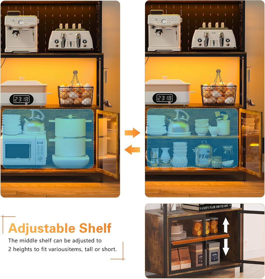67'' LED Kitchen Pantry Cabinet with Pegboard, 3 Color Dimmable Bakers Rack with Charging Station Adjustable Shelves and Hooks, Microwave Stand with Storage