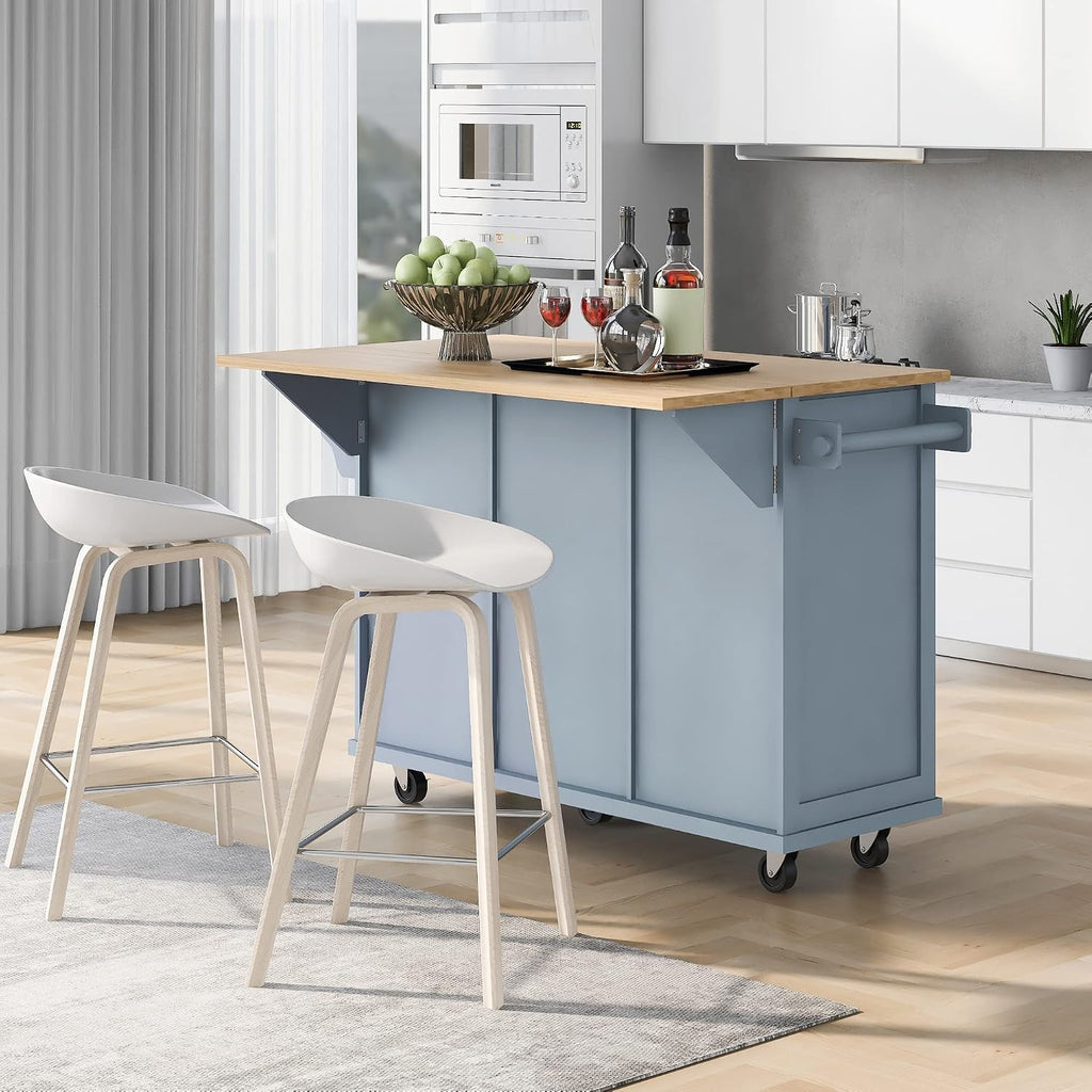 Modern Kitchen Island on 5 Wheels with Storage Cabinet and Drop-Leaf Countertop, Kitchen Cart with Cabinet Door Internal Storage Racks and 3 Drawers for Dinning Room (Grey Blue#M)