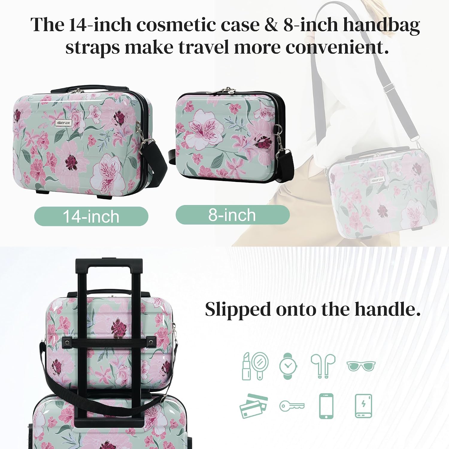 Merax 5 Piece Luggage Set with Spinner Wheels, Lightweight Printing Suitcase Set 8/14/20/24/28 inches, Durable Carry on Luggage with Handbag and Cosmetic Case Suitable all Ages,Green Pink Flower