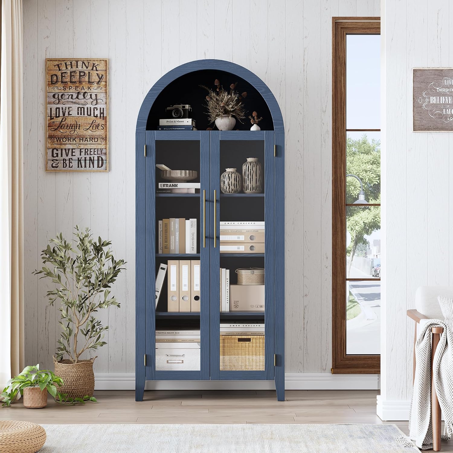 GarveeHome Arched Kitchen Pantry Cabinet - Farmhouse 5 Tier Display Shelf with Adjustable Shelf and 2 Large Glass Doors, Versatile Storage Cupboard for Kitchen, Dining Room, Living Room, Night Blue
