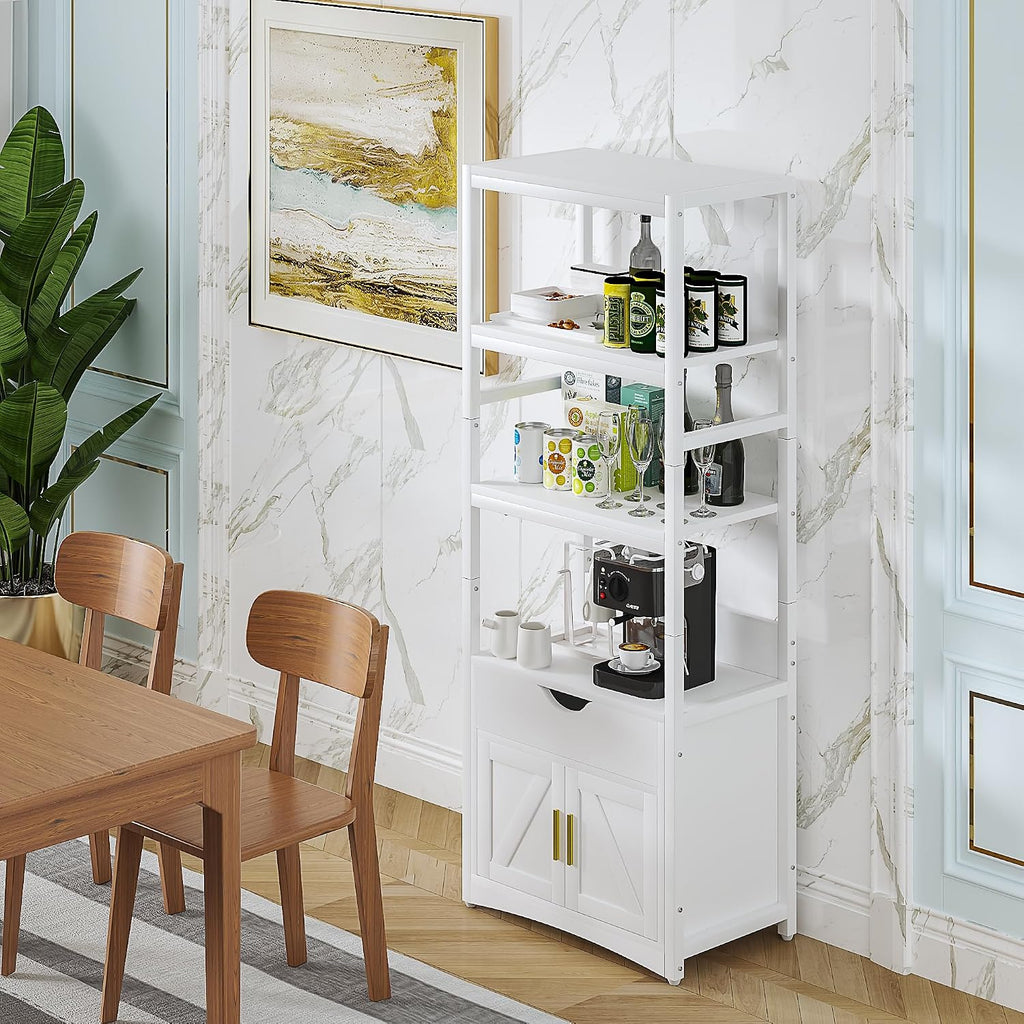 VECELO 3-Tier Microwave Stand with Power Outlet & USB Ports, 15.5' Deep Kitchen Pantry Cabinet, Fits 1.0 Cu.Ft Microwave, Farmhouse Coffee Bar Storage for Kitchen, Bright White