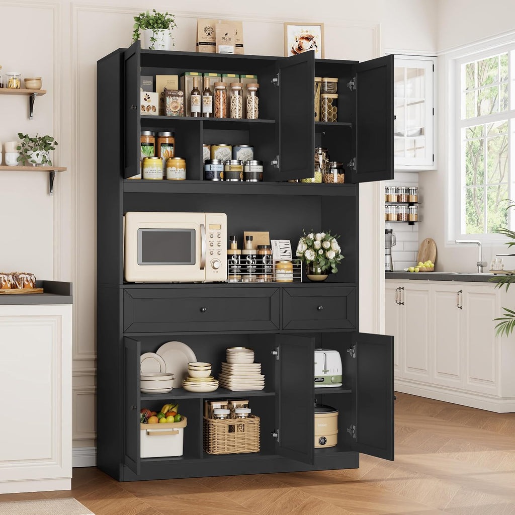 BOTLOG 72' Kitchen Pantry Cabinet, Kitchen Hutch with Microwave Stand, Buffet Cabinet with Hutch for Dining Room, Black