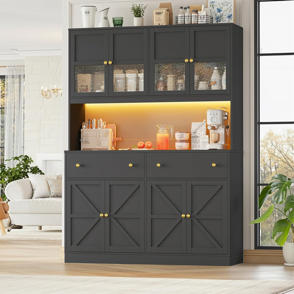 FINETONES 71' Pantry Cabinet with LED Light and Charging Station, Farmhouse Kitchen Pantry Cabinet with Microwave Stand, 47.2' Wide Kitchen Hutch Food Pantry with Open Countertop, Black