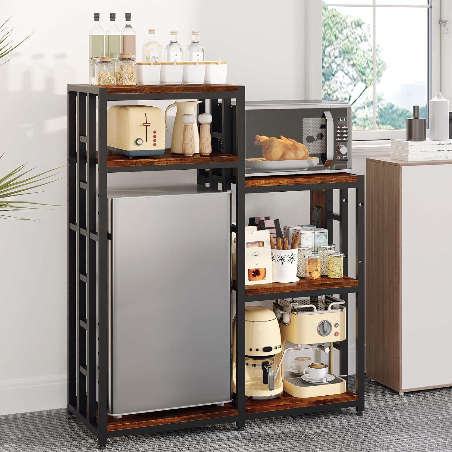 48.8in Adjustable Mini Fridge Shelf with Power Outlet, 360LBS Sturdy Mini Fridge Stand and Microwave Stand, 6-Tier Mini Fridge Storage Suitable for Kitchen Living Room Office Dorm, Brown