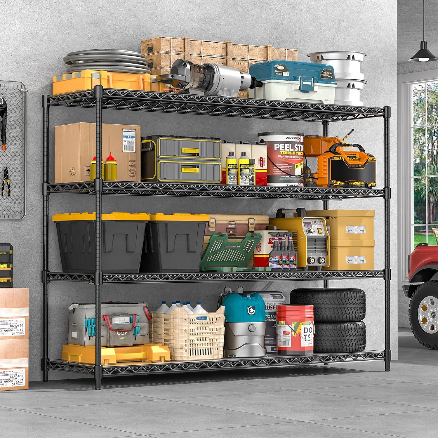 60' W Storage Shelves 2640 LBS Heavy Duty Garage Shelving, Adjustable Wire Shelving Metal Shelving with Liners, Fits 27-Gallon Totes, 60' W x 18' D x 68.4' H for Commercial Warehouse, Black