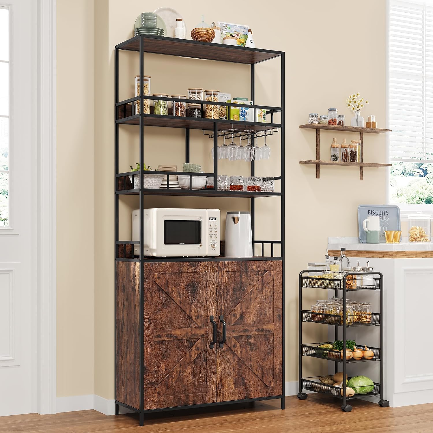 70.8' in Large Bakers Rack with Cabinet,Tall Wine Cabinet & Bar Storage Rack with Baskets and Hooks for Wine, Glasses, Beverages, and Snacks，Suitable for Living Rooms, Kitchen