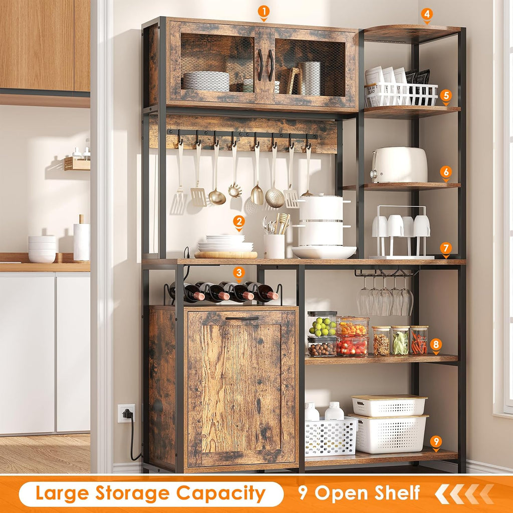 Bakers Rack with Power Outlet and LED Light, 6-Tier Commercial Bakery Racks, Kitchen Microwave Stand with Storage Cabinet, Kitchen Tilt Out Trash Cabinet, 15.8' D x 42.5' W x 67.8' H, Brown