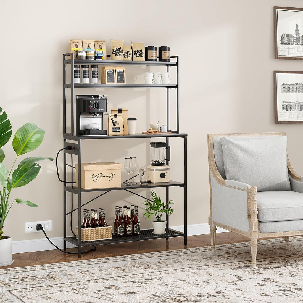 Large 5 Tier Bakers Rack with Electrical Outlets, 39 Inch Microwave Stand Coffee Bar, Kitchen Storage Shelf for Home, Counter Space Organizer