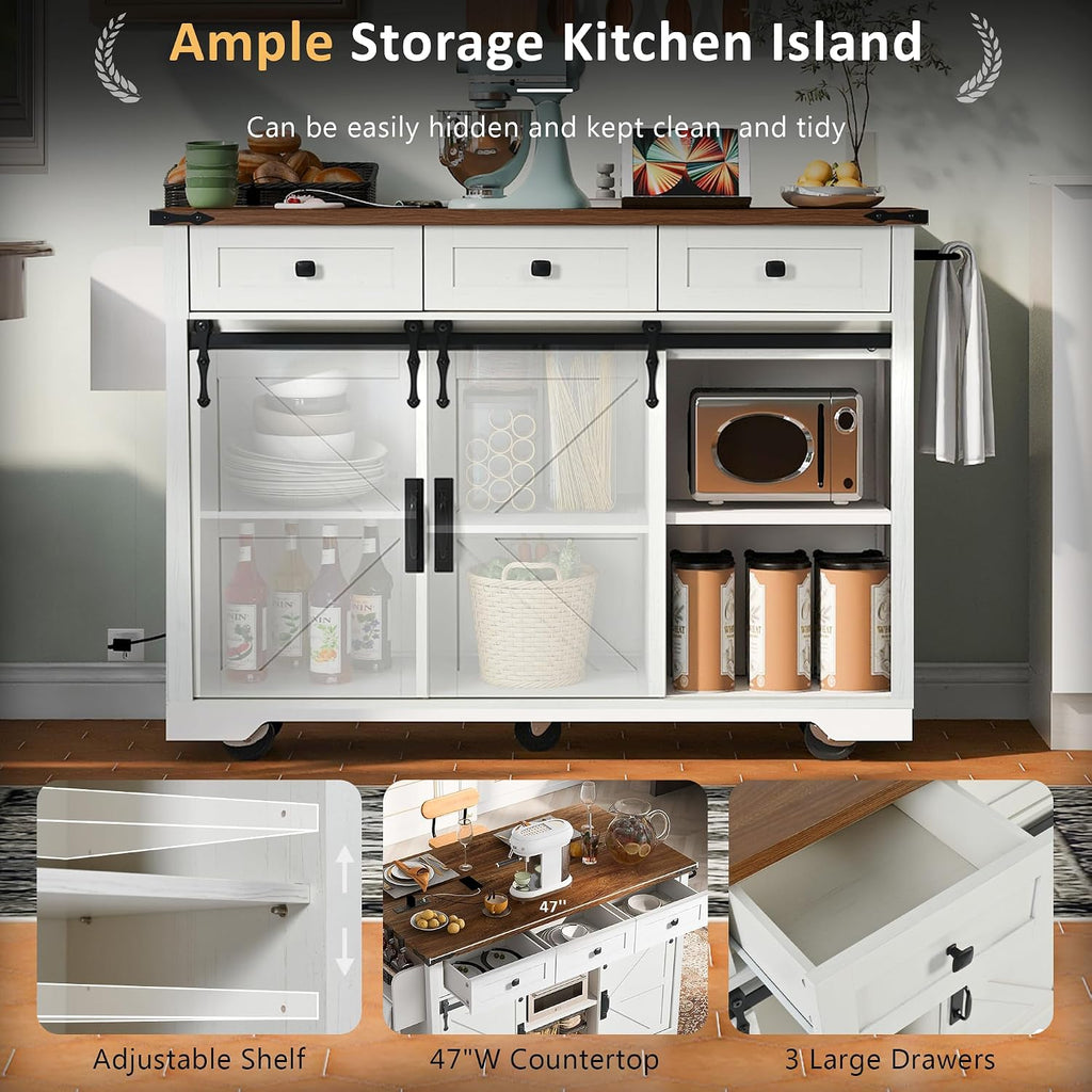 Farmhouse Kitchen Island with Power Outlet, 2 Sliding Barn Door and Drop Leaf, Spice Rack Rolling Kitchen Cart on Wheels for Home and Dining Room (White/P)