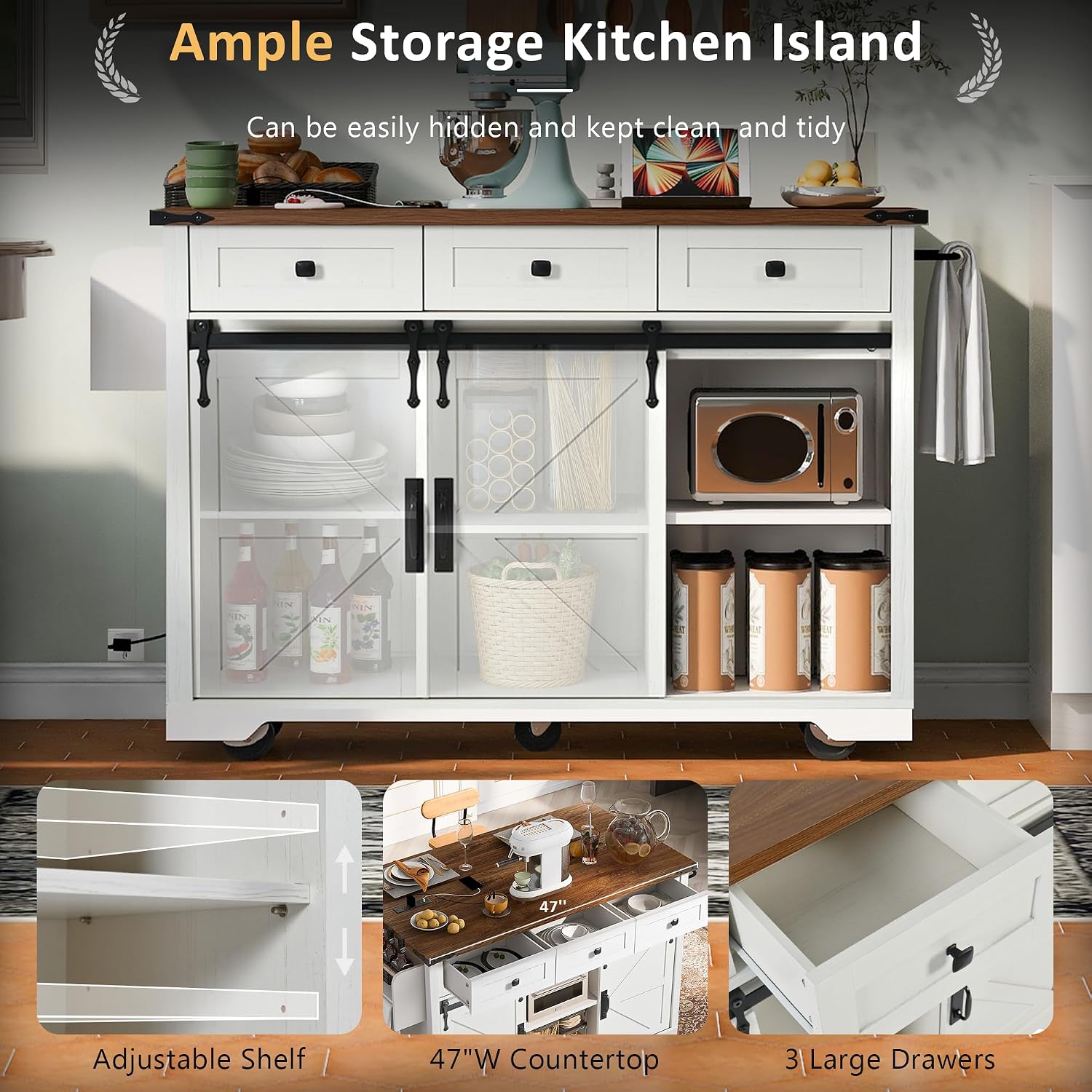 Farmhouse Kitchen Island with Power Outlet, 2 Sliding Barn Door and Drop Leaf, Spice Rack Rolling Kitchen Cart on Wheels for Home and Dining Room (White/P)