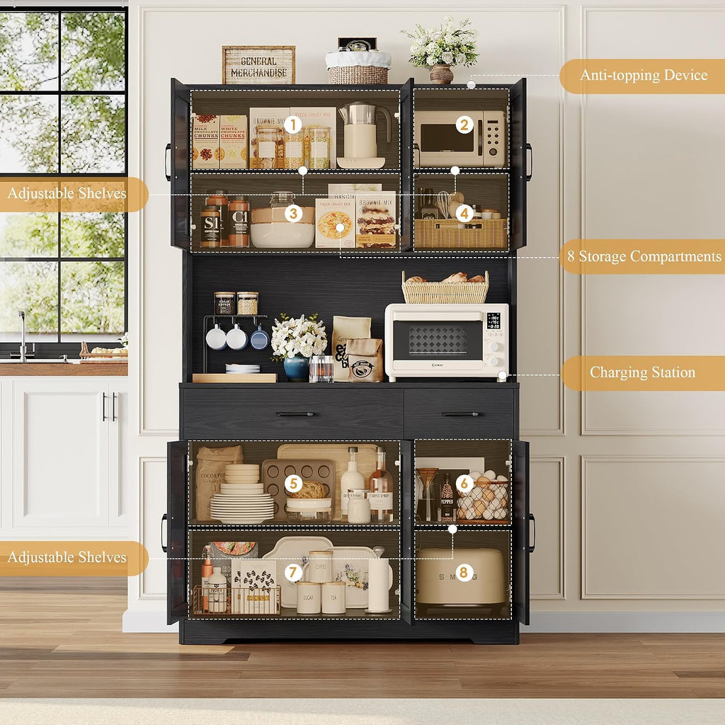 HOSTACK 71' Pantry Cabinet with Charging Station, Tall Kitchen Pantry Storage Cabinet with Microwave Stand, Farmhouse Kitchen Hutch with Storage Drawers for Living Room, Dining Room, Black Wood Grain