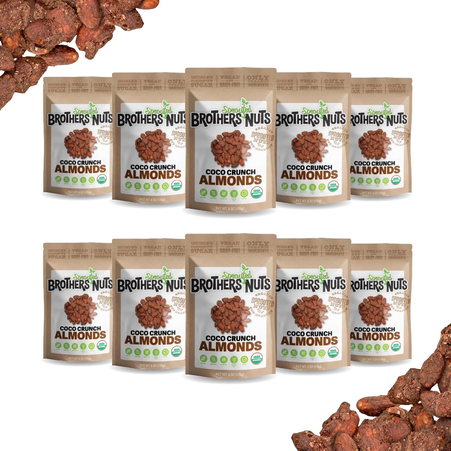 Brothers Nuts Coco Crunch Almonds – Organic, Sprouted Almonds – Healthy Keto Snack – Vegan, Gluten-Free, Kosher – No Preservatives (6oz (10 Pack))