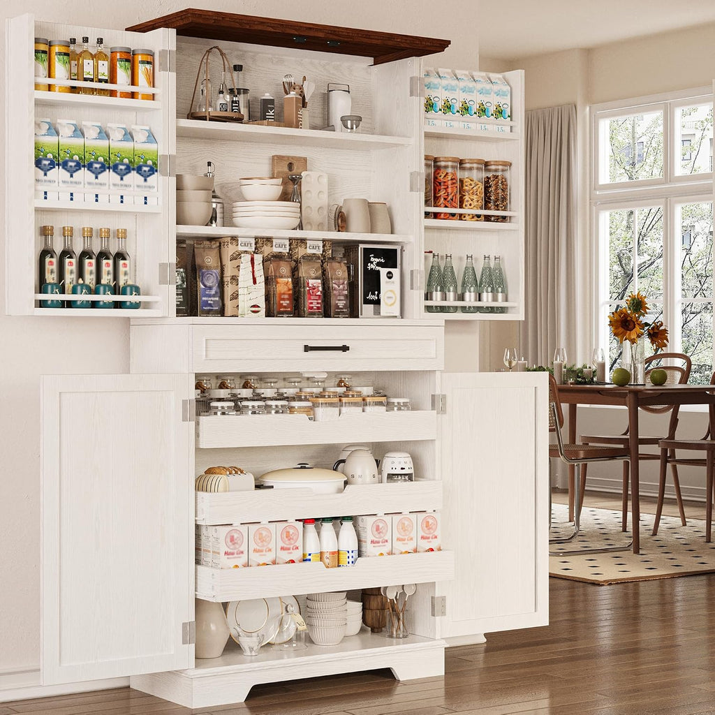 IRONCK Farmhouse Pantry Cabinet, 72' Tall Kitchen Storage Cabinet, Freestanding Cupboard with Sliding Rack & 6 Hanging Shelves,Kitchen Pantry Furniture for Dining Room, Easy Assembly, White