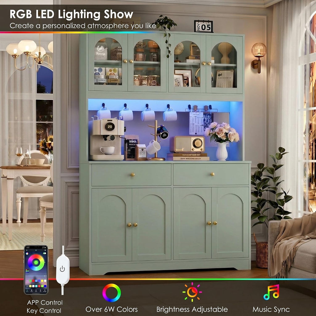 HIFIT 71' LED Kitchen Pantry Cabinet with Power Outlet, Large Kitchen Hutch Cabinet with 2 Storage Drawers & Arched Door, Countertop & Hooks, Tall China Bar for Dining Living Room (Green)