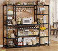 UPOSOJA 62.4in Large Bakers Rack with Power Outlet, Wide Kitchen Microwave Stand with Storage Shelves, 5-Tier Coffee Bar, Wine Rack, Goblet Holder, 8 Hooks, Wire Basket(Black, Large)