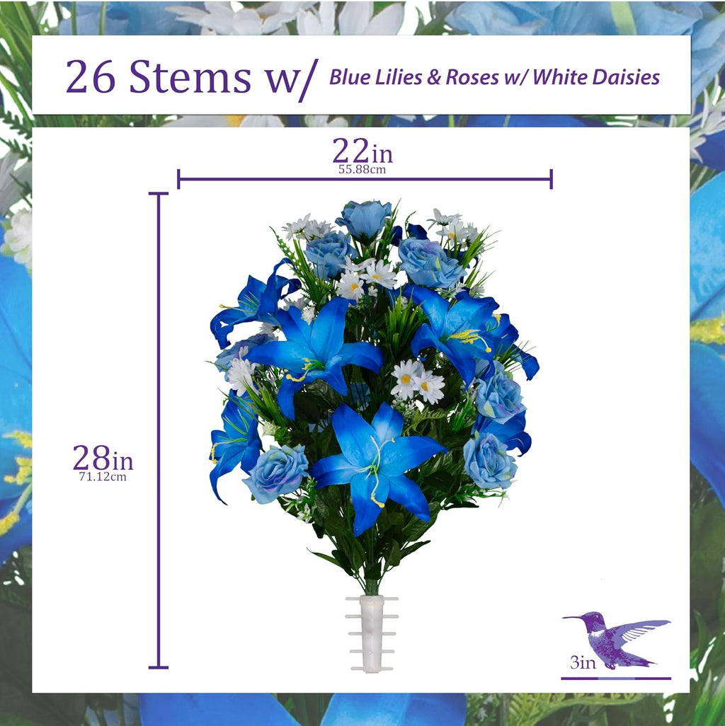 Sympathy Silks Artificial Cemetery Flowers - Gravesite Flowers - Blue Lily and Rose with White Daisies - (1) Headstone Flower Saddle & (2) Matching Bouquet