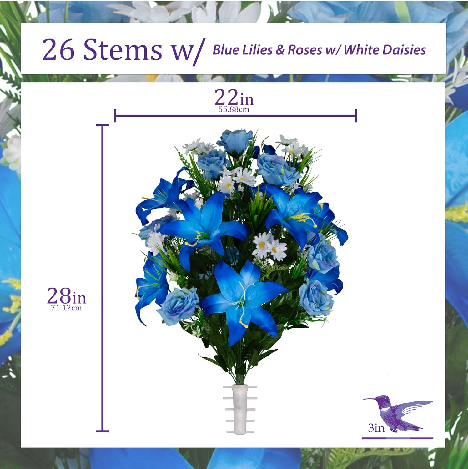 Sympathy Silks Artificial Cemetery Flowers - Gravesite Flowers - Blue Lily and Rose with White Daisies - (1) Headstone Flower Saddle & (2) Matching Bouquet