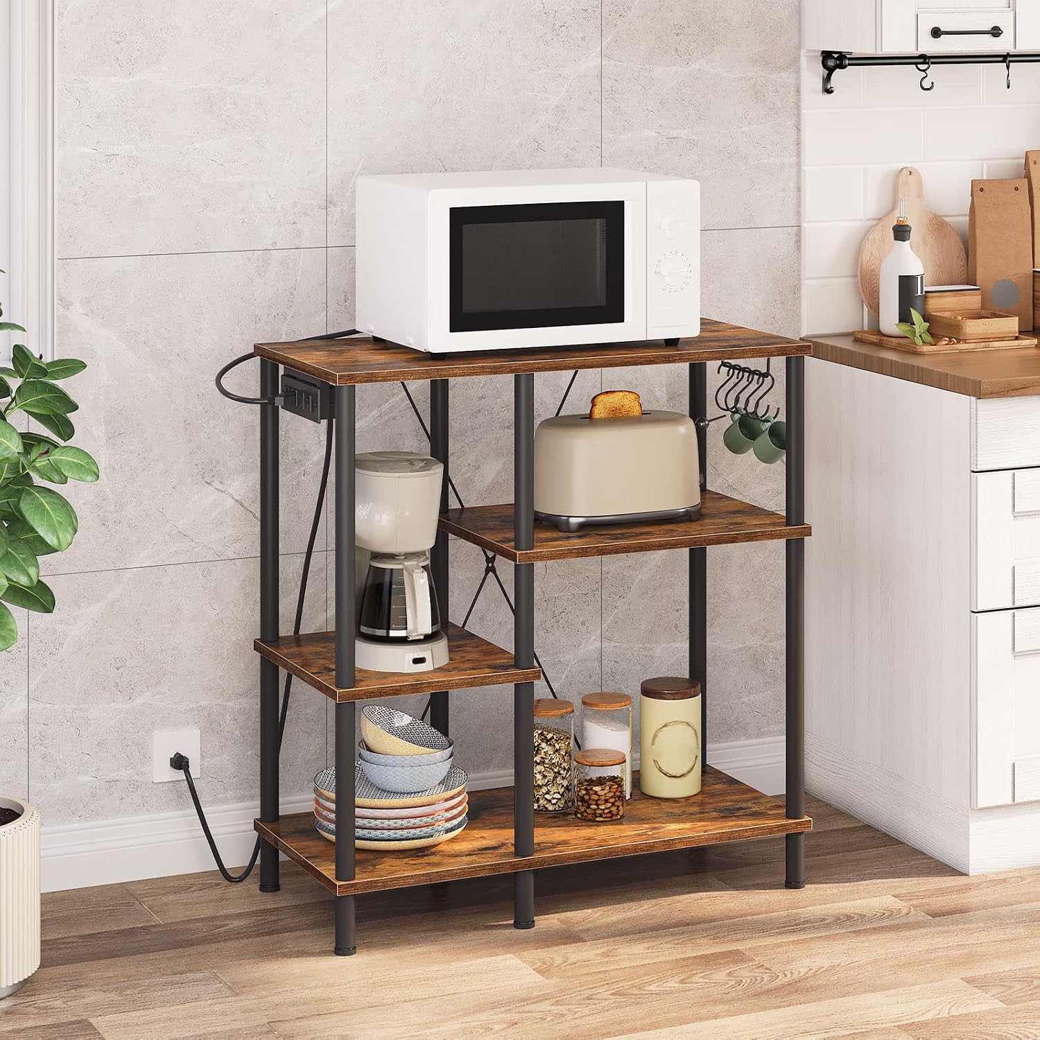 HOOBRO Bakers Rack with Power Outlet and Microwave Stand with 5 S-Shaped Hooks, 35.4 Inches Coffee Bar with Mesh Basket, Coffee Bar Kitchen Storage Shelf, Rustic Brown and Black BF05HB01-BF07UHB01