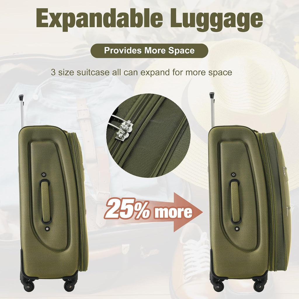 Merax Softside Luggage Set 3 Piece Suitcase with Duffel Bag Spinner Wheels Lightweight Expandable Travel Luggage 22' 26' 30',Army Green