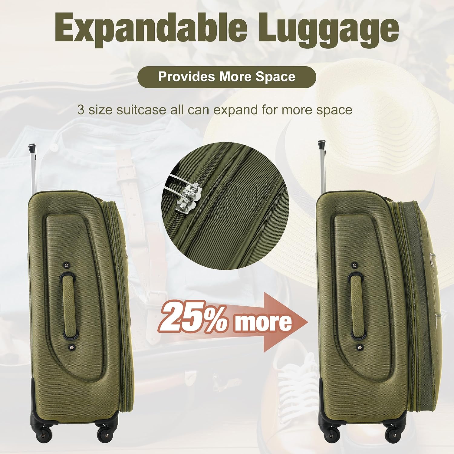 Merax Softside Luggage Set 3 Piece Suitcase with Duffel Bag Spinner Wheels Lightweight Expandable Travel Luggage 22' 26' 30',Army Green