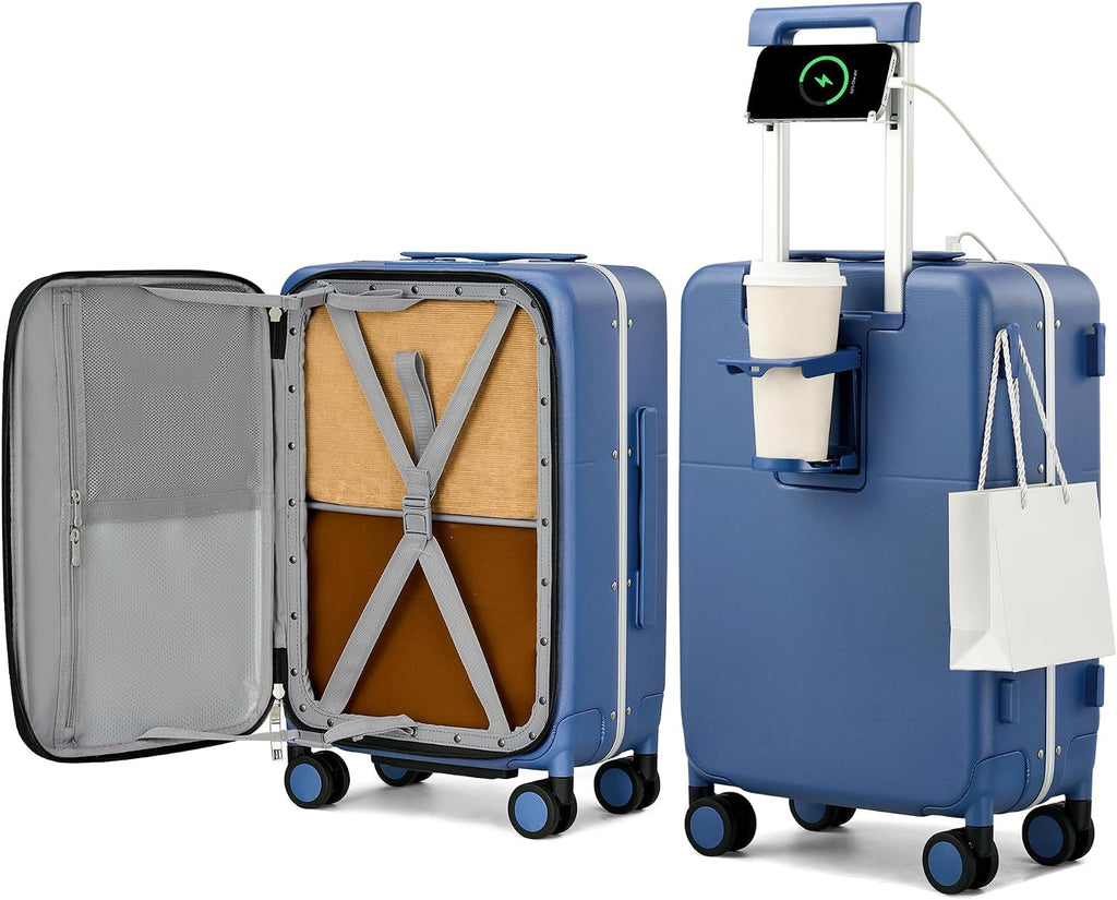 Hanke 20 Inch Top Opening Carry On Luggage with Cup Holder, Hard Shell Suitcase with Spinner Wheels, USB Ports, TSA Lock Aluminum Frame, Dry Wet Separation & Removable Divider, Interstellar Blue